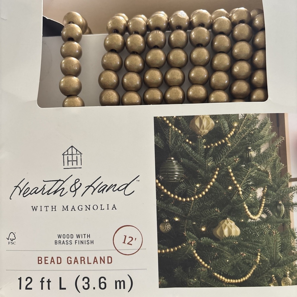 Hearth Hand with Magnolia 12 ft Brass Bead Garland Wood w Brass Gold Finish